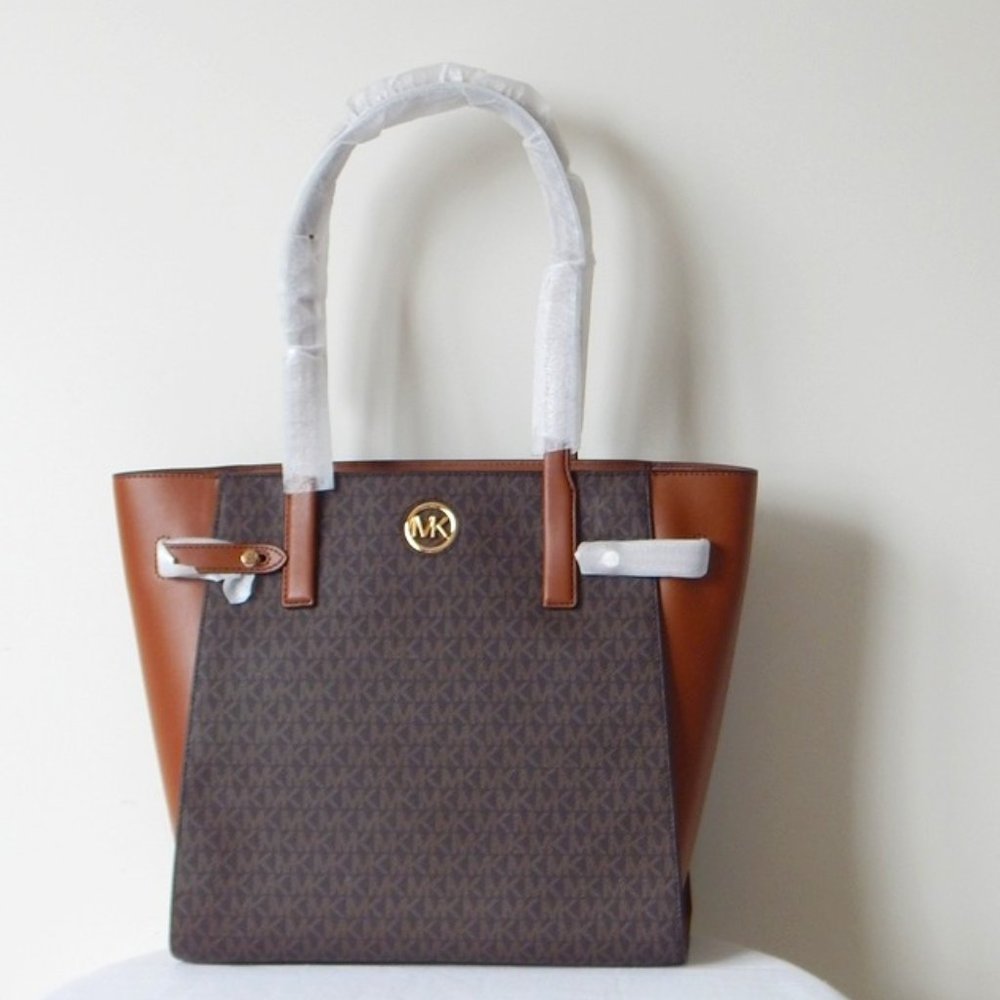 NWT $498 MICHAEL KORS CARMEN MK Monogram LARGE  TZ BROWN Tote Shoulder BAG